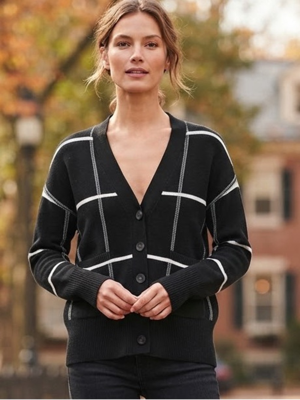 a new day Black Cardigan with White Windowpane Stitching